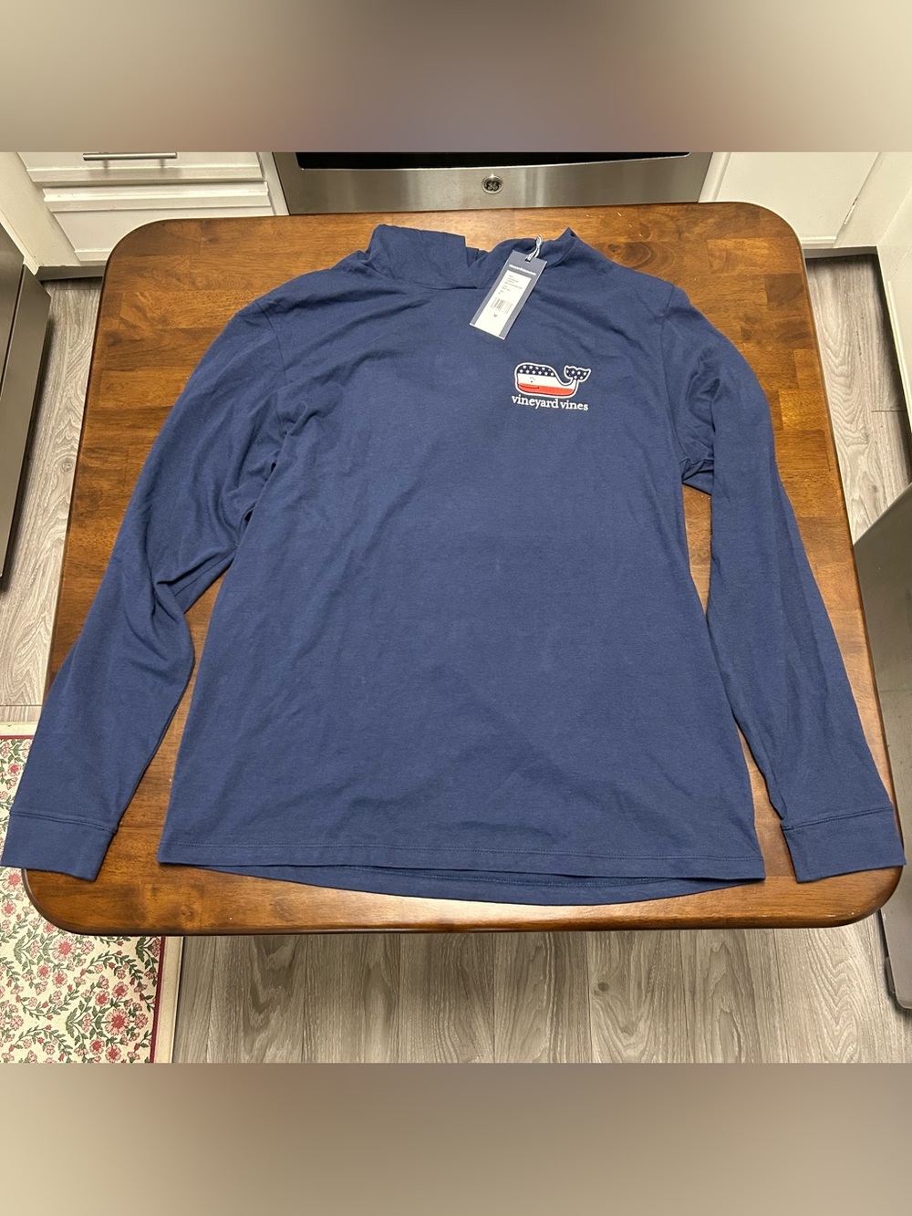 Vineyard Vines Navy Long Sleeve Tee with Flag Whale Logo